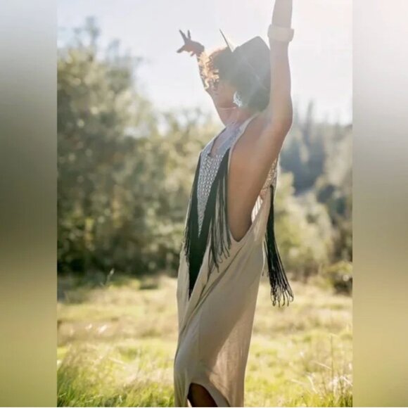 ZHENNYMPH ZHEN NYMPH Tan Black Fringe Tribal Racerback Dreamcatcher Dress S M - Picture 2 of 16
